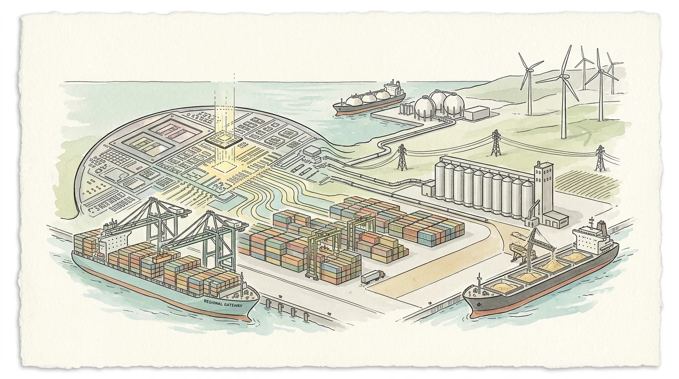 Illustration of a busy shipping port connected to a large microchip circuit board layout, silos, and wind turbines.