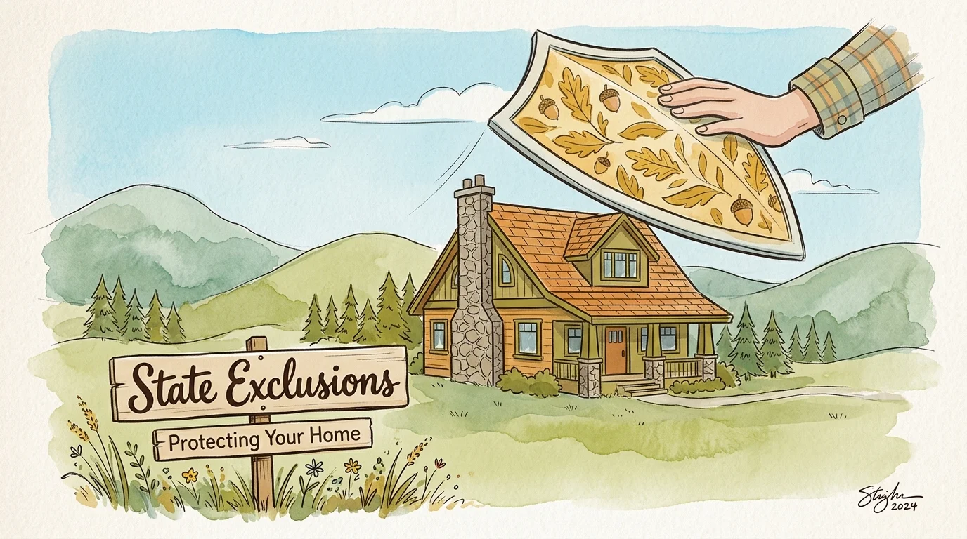 Ink and watercolor illustration of a house protected by a golden shield, representing state property tax exemptions for seniors.