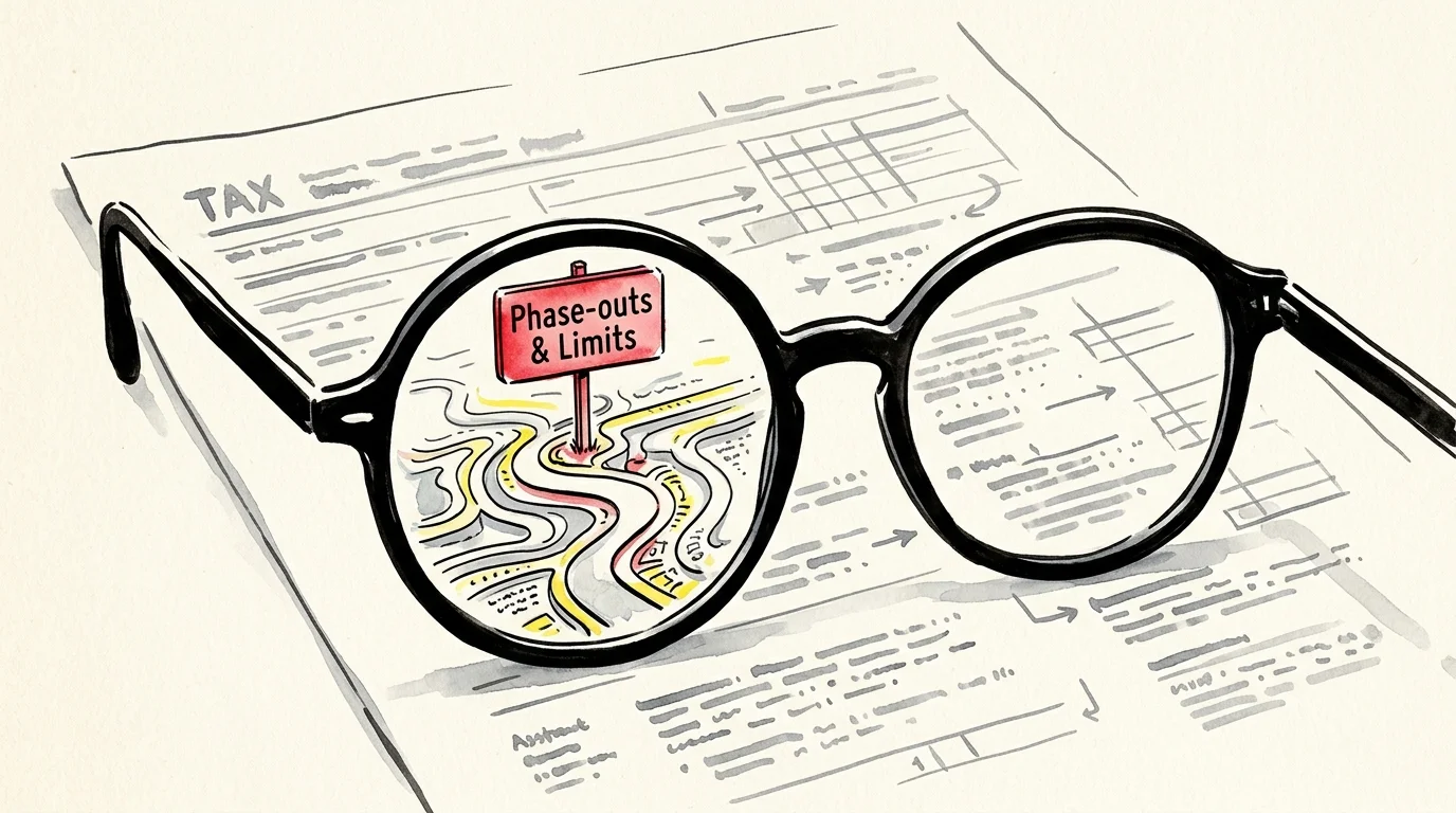 Ink and watercolor illustration of reading glasses magnifying a warning sign on tax forms, representing phase-out limits.