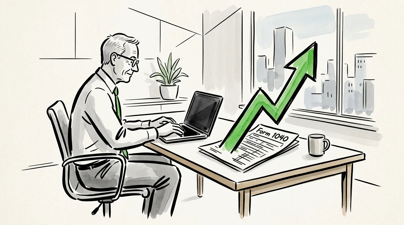 Minimalist illustration of a senior working on a laptop next to a Form 1040 with an upward green arrow.