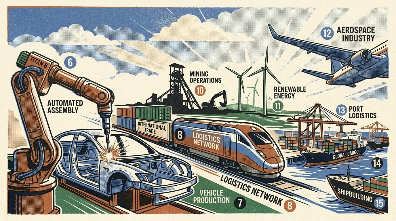 Illustration of industrial sectors including automated car assembly, cargo train logistics, wind turbines, and airplanes.