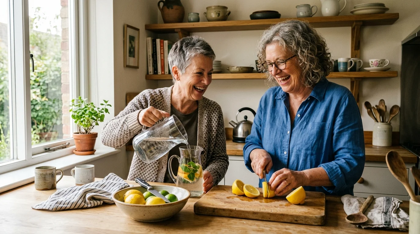 Two retired women sharing a lighthearted moment while preparing food together in a bright kitchen.