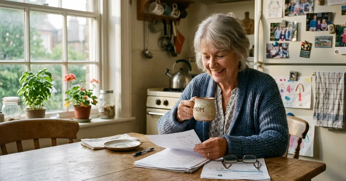Warm 35mm film photo of a smiling retired senior sitting at a sunny kitchen table with coffee, organizing tax papers.