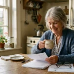 Warm 35mm film photo of a smiling retired senior sitting at a sunny kitchen table with coffee, organizing tax papers.