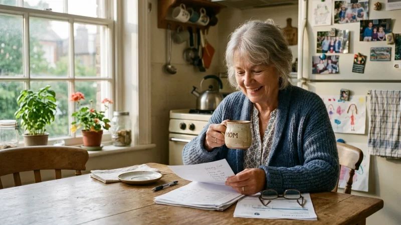 Warm 35mm film photo of a smiling retired senior sitting at a sunny kitchen table with coffee, organizing tax papers.