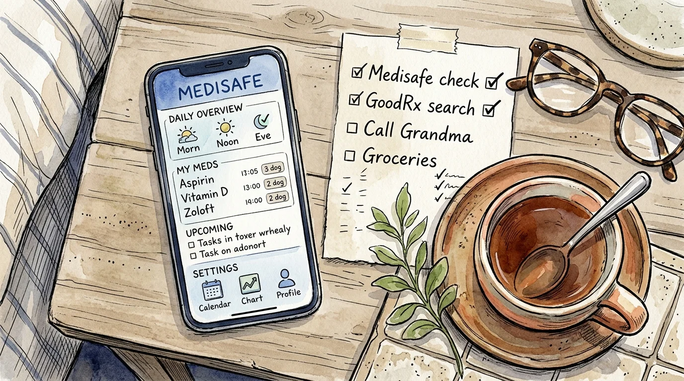 Watercolor illustration of a bedside table with a smartphone, glasses, a tea cup, and a checklist of health apps.