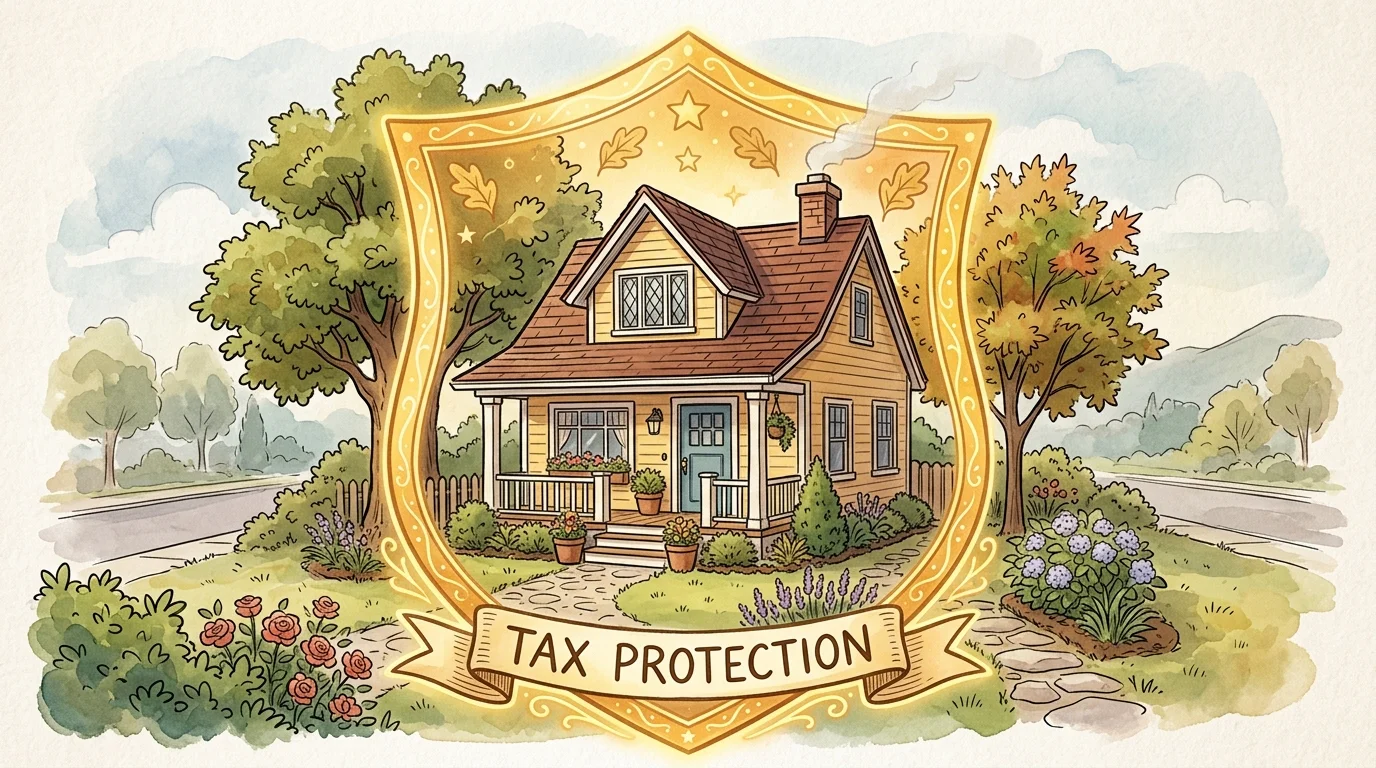 Watercolor illustration of a cozy suburban home enclosed in a protective golden shield symbol.