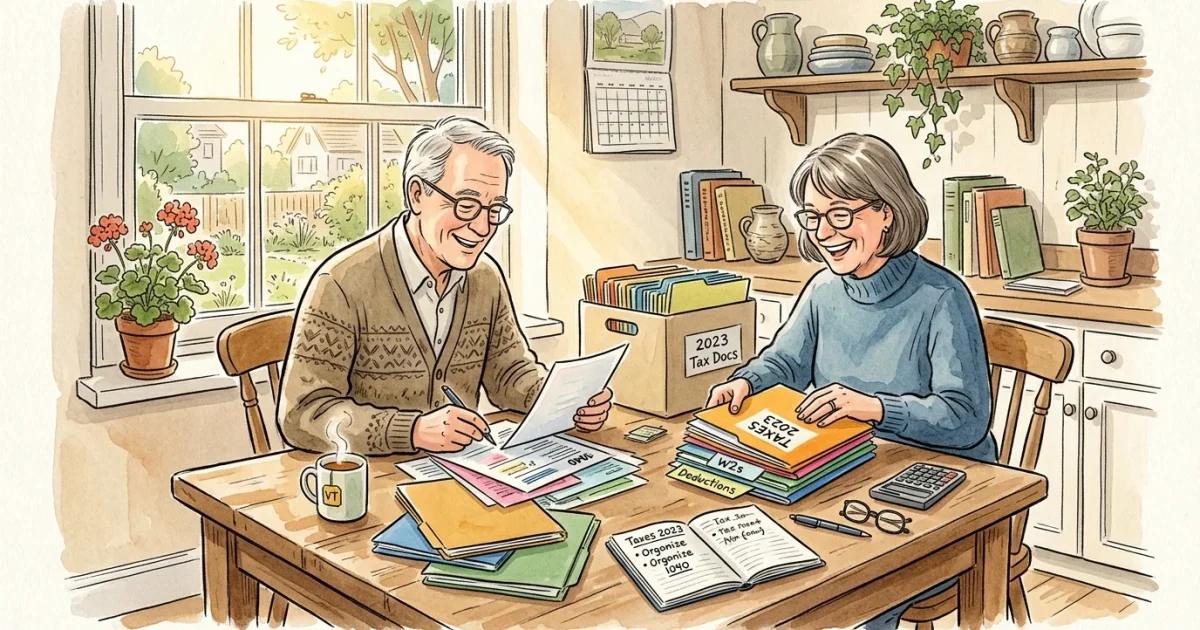 Watercolor illustration of a senior couple happily organizing tax documents at a sunlit kitchen table.