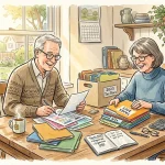 Watercolor illustration of a senior couple happily organizing tax documents at a sunlit kitchen table.