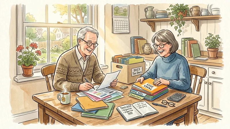 Watercolor illustration of a senior couple happily organizing tax documents at a sunlit kitchen table.