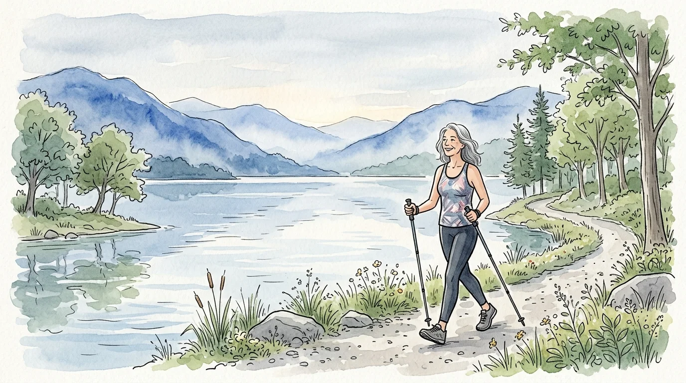 Watercolor illustration of an early retiree enjoying a peaceful walk along a scenic lakeside trail.