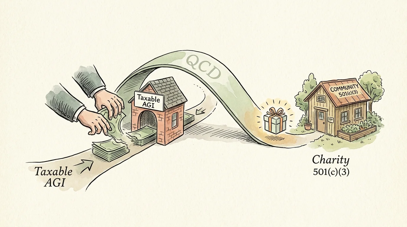 Whimsical watercolor illustration showing IRA funds bypassing a tax tollhouse via a QCD path to reach a charity directly.