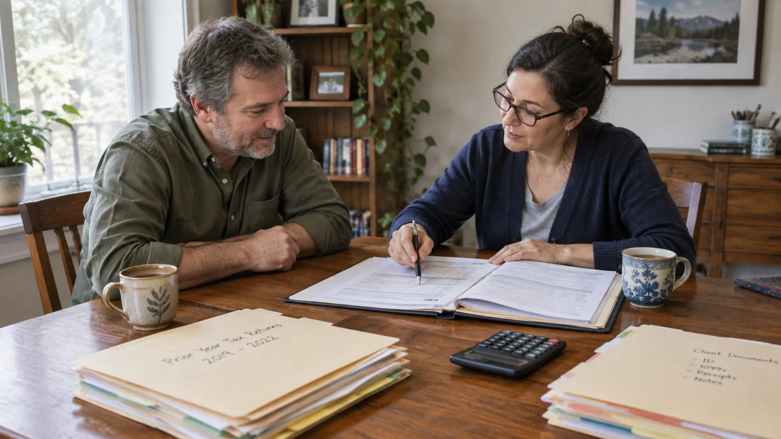 A man and woman sit at a wooden table reviewing tax documents in a binder alongside folders and a calculator.