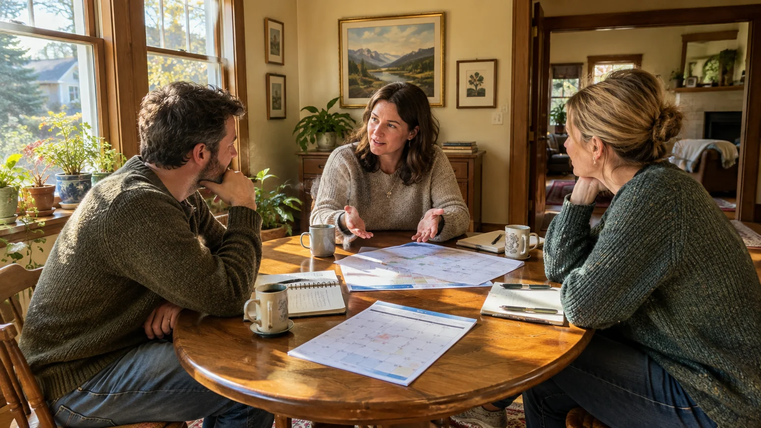 Three adults sit at a wooden table with calendars and mugs as a woman in the middle speaks with gestures.