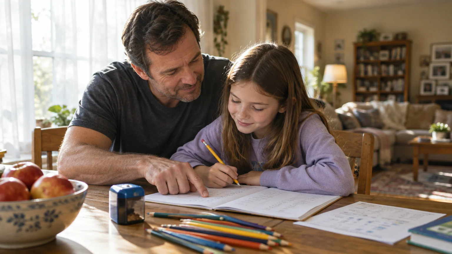 A father points to a workbook as his young daughter writes with a pencil at a sunlit wooden table.