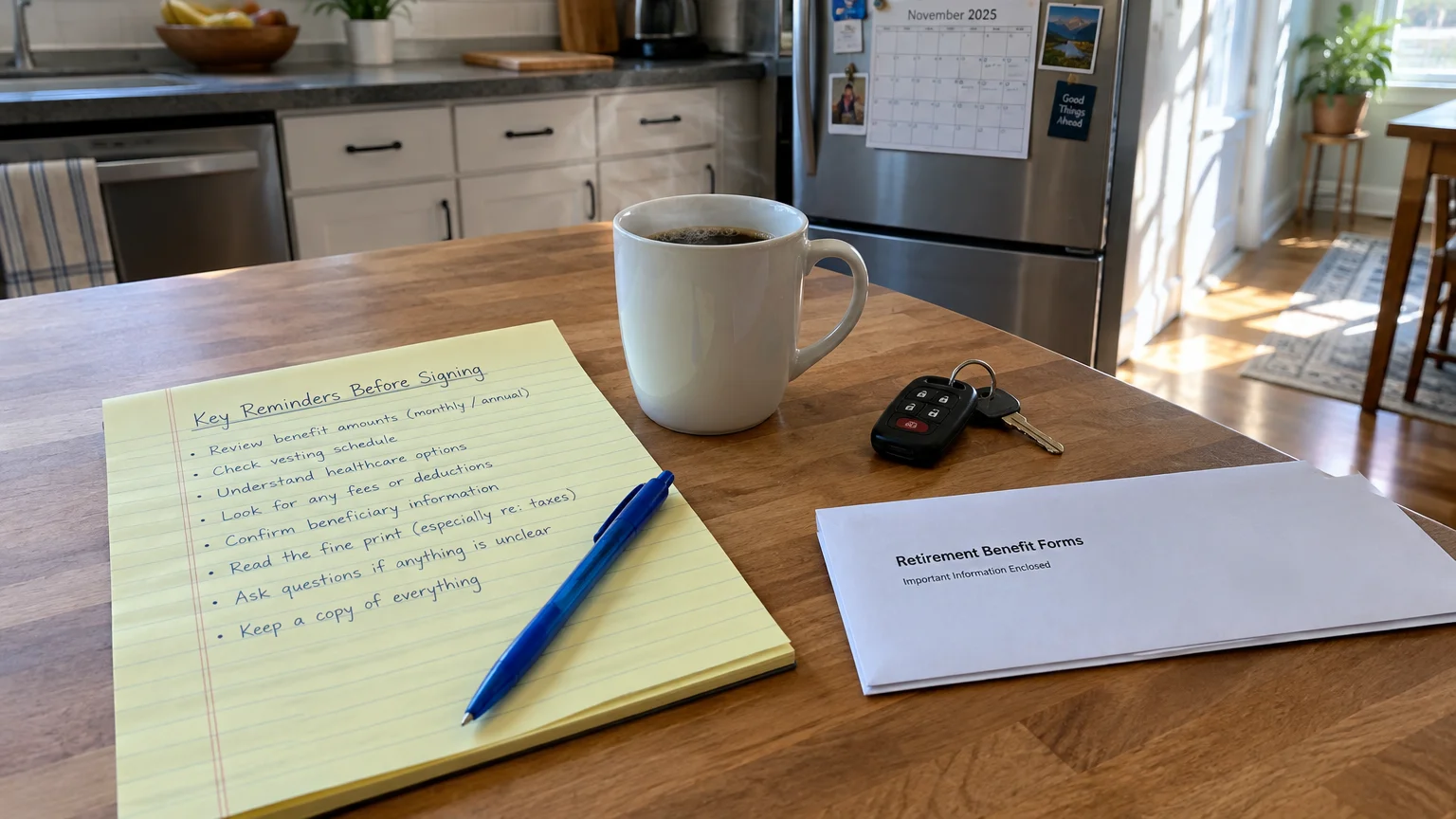 Notepad with handwritten checklist, a pen, coffee mug, car keys, and a retirement benefits envelope on a kitchen island.