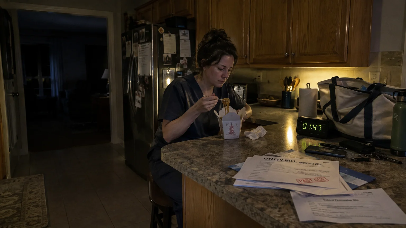 A woman in scrubs sits in a dim kitchen eating noodles late at night beside bills marked past due.