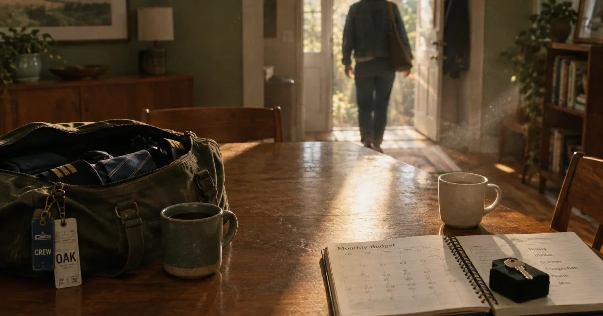 A wooden table with an open crew bag, coffee mug, and planner, as someone walks out an open doorway.