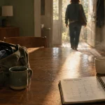 A wooden table with an open crew bag, coffee mug, and planner, as someone walks out an open doorway.