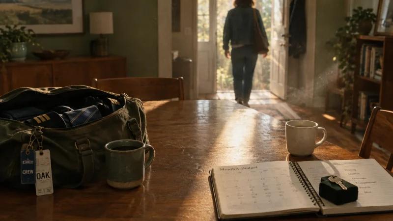 A wooden table with an open crew bag, coffee mug, and planner, as someone walks out an open doorway.