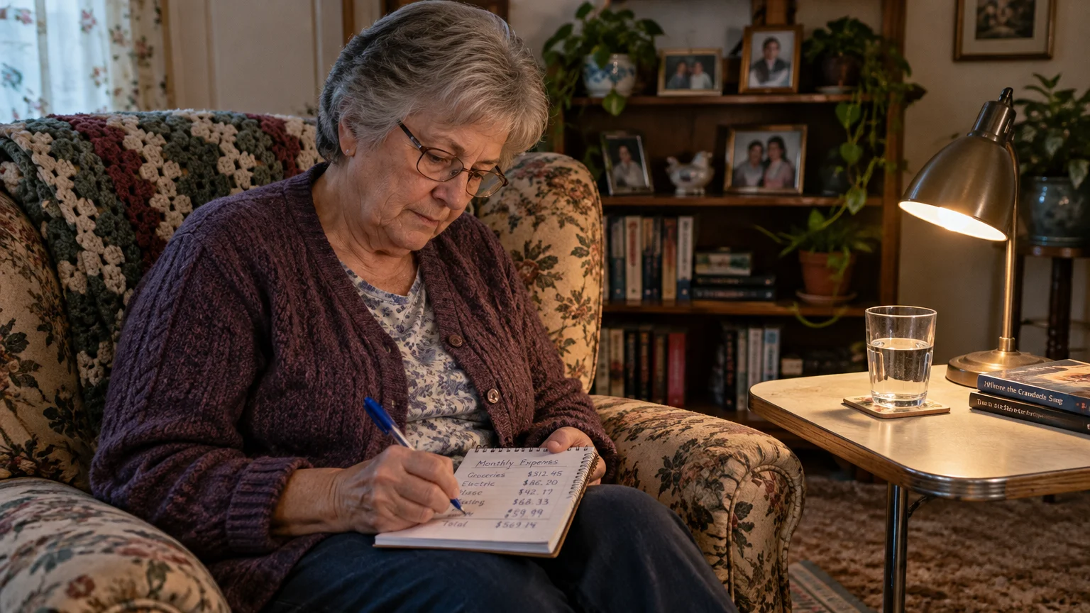 An older woman with glasses sits in an armchair writing a list of monthly expenses in a spiral notepad beside a table lamp.