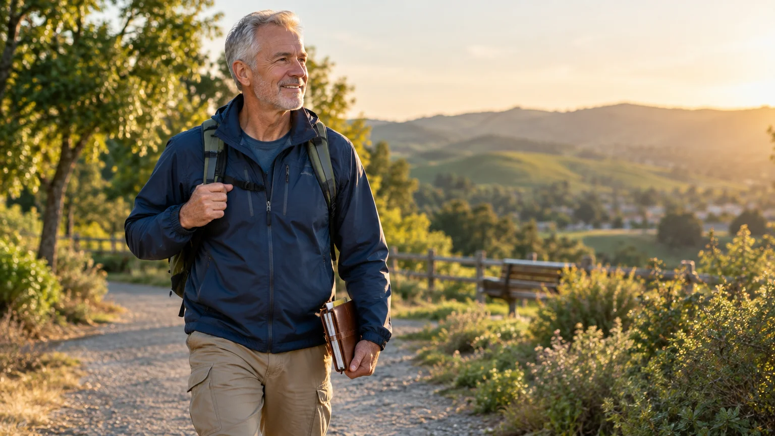 A smiling older man with gray hair walks along a dirt trail wearing a blue jacket, backpack, and carrying a notebook.