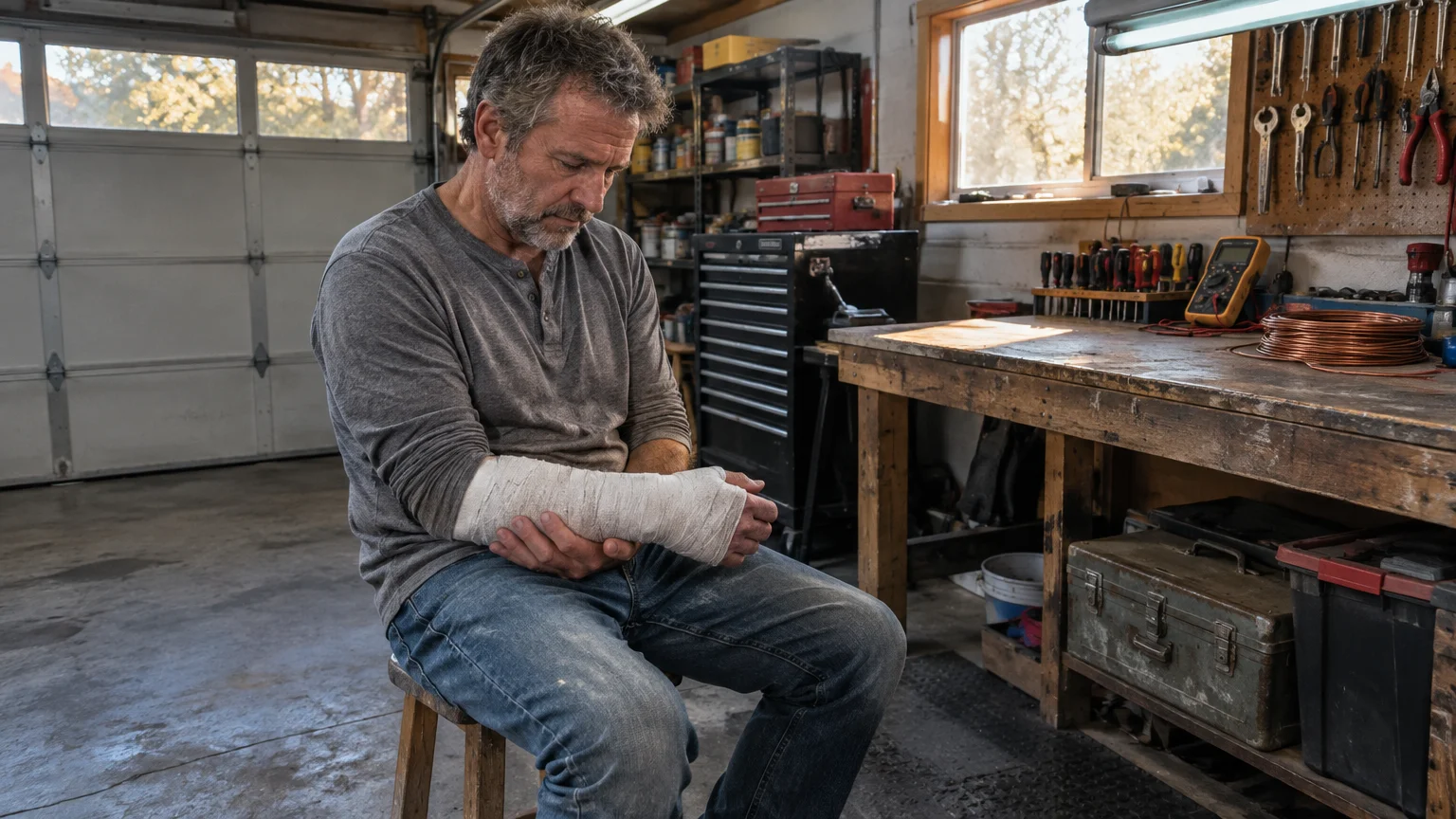A man sits on a wooden stool in a workshop garage, looking down at his heavily bandaged arm and hand.