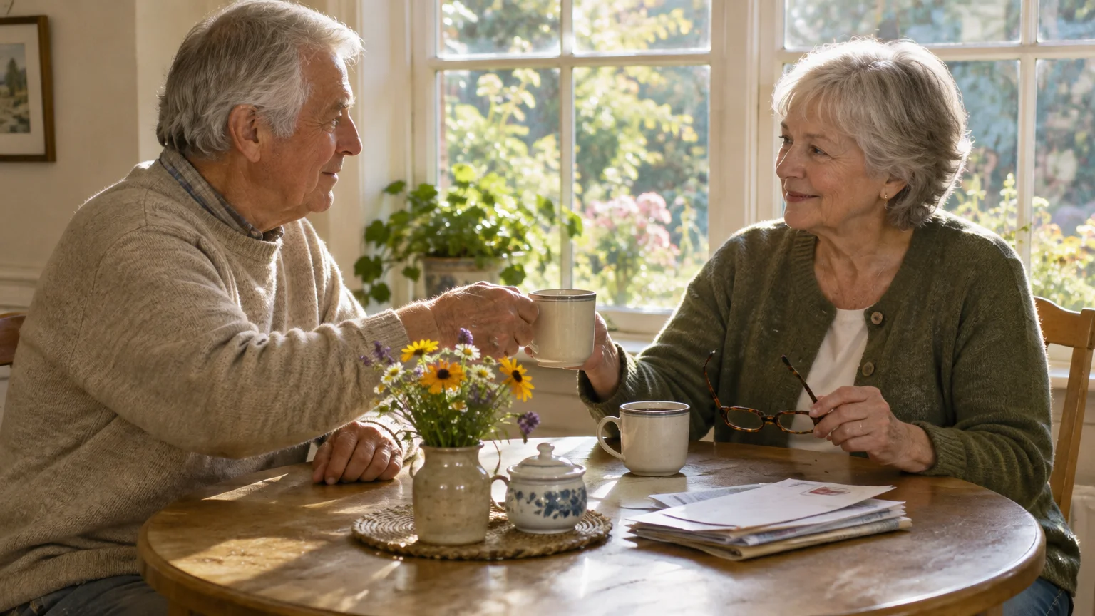 Older man and woman sitting at a round wooden table, smiling and sharing mugs of coffee near a sunny window.