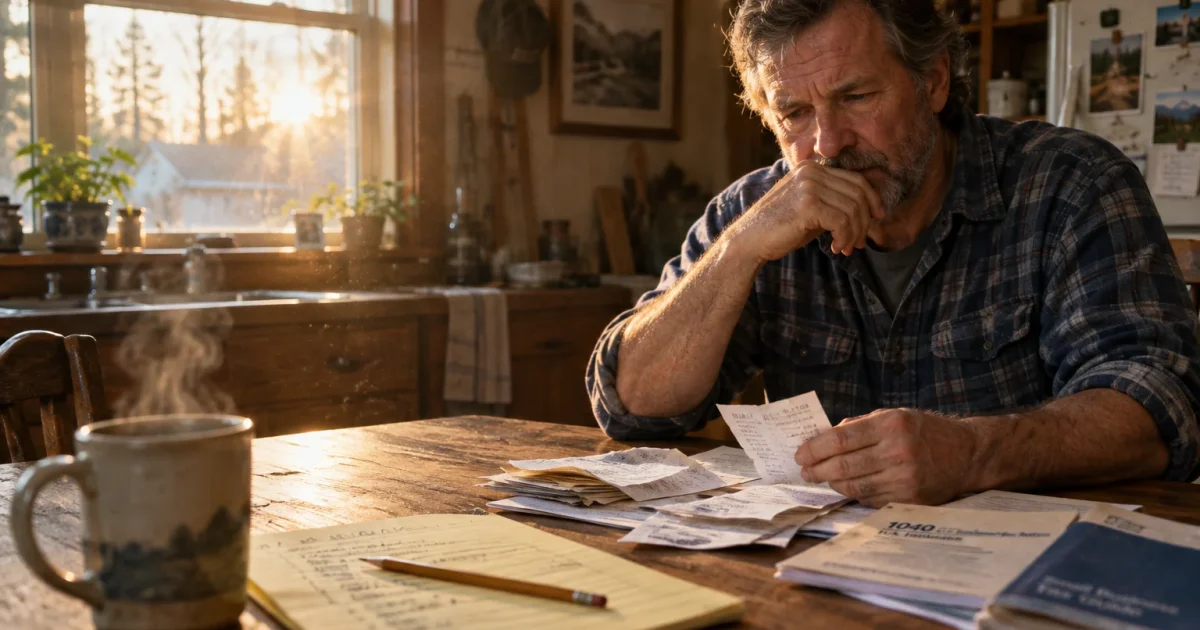 A thoughtful man sits at a wooden table looking at receipts, tax forms, and notes next to a steaming mug.
