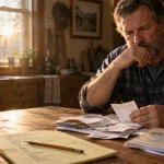 A thoughtful man sits at a wooden table looking at receipts, tax forms, and notes next to a steaming mug.