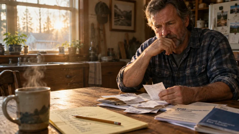 A thoughtful man sits at a wooden table looking at receipts, tax forms, and notes next to a steaming mug.