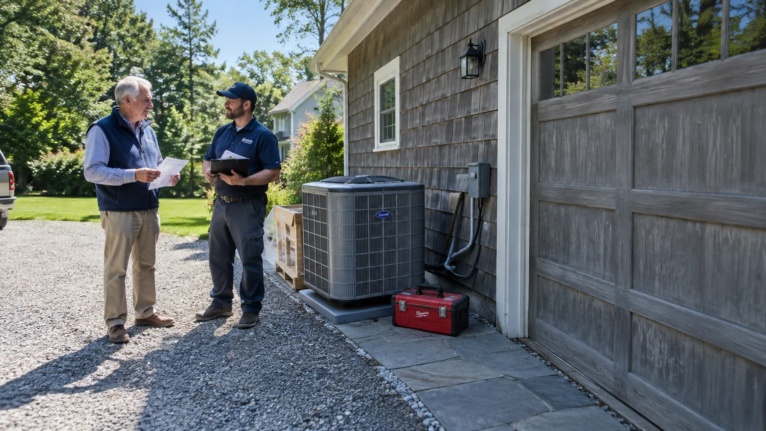 An older homeowner and a technician discuss paperwork outside a garage near a newly installed air conditioning unit.