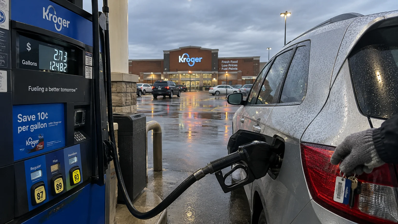 A car refuels at a Kroger gas pump on a wet evening with a Kroger store visible in the background.