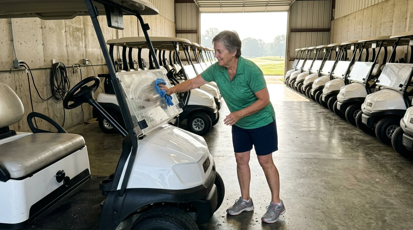 A woman cleans the windshield of a white golf cart inside a garage filled with rows of parked carts.