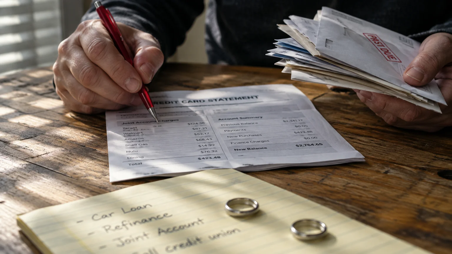 A person reviews a credit card statement with a red pen beside past-due mail, a checklist, and two wedding rings.