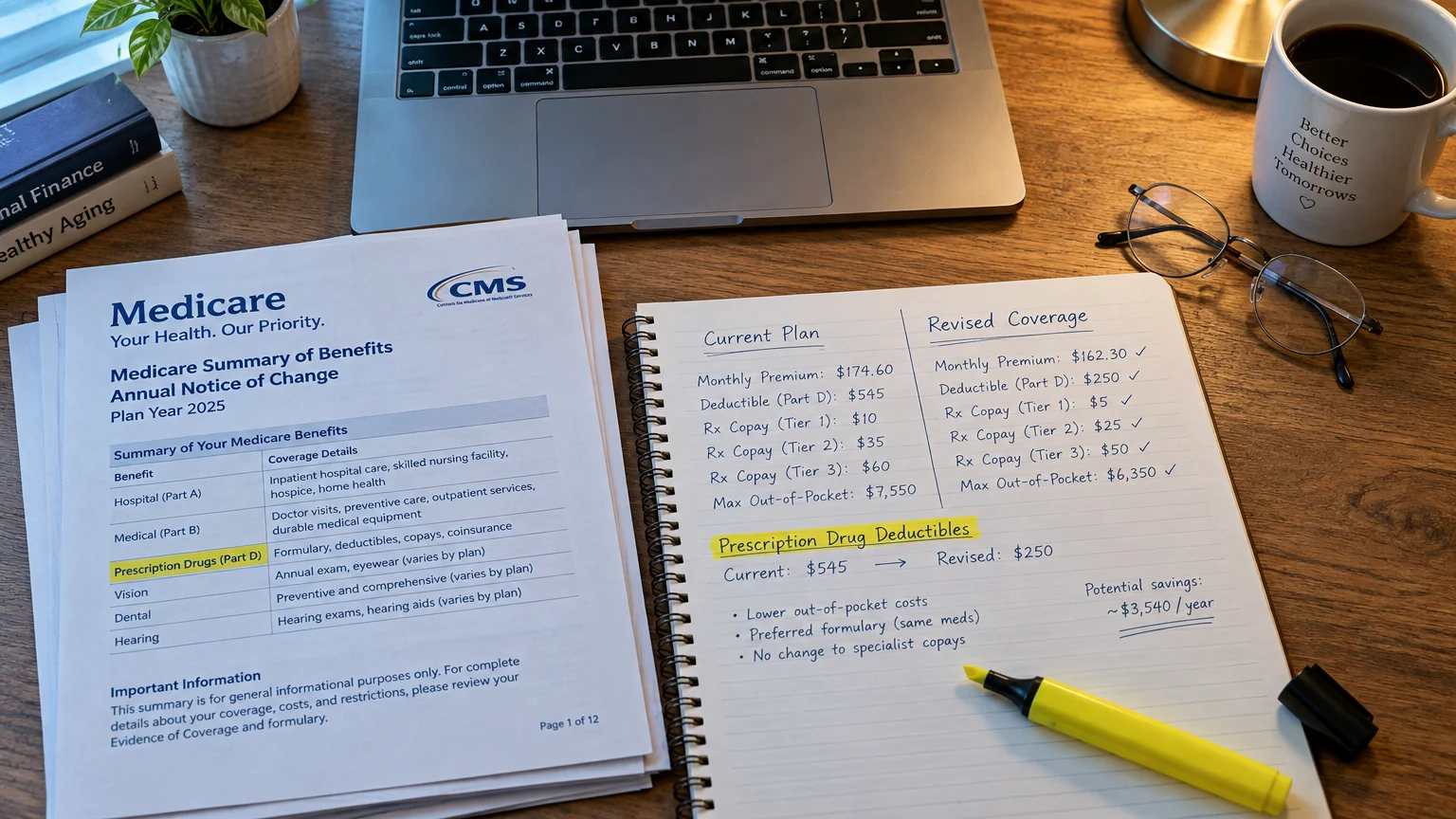 Laptop, coffee mug, Medicare paperwork, and a spiral notebook comparing current plan costs to revised coverage on a wooden desk.
