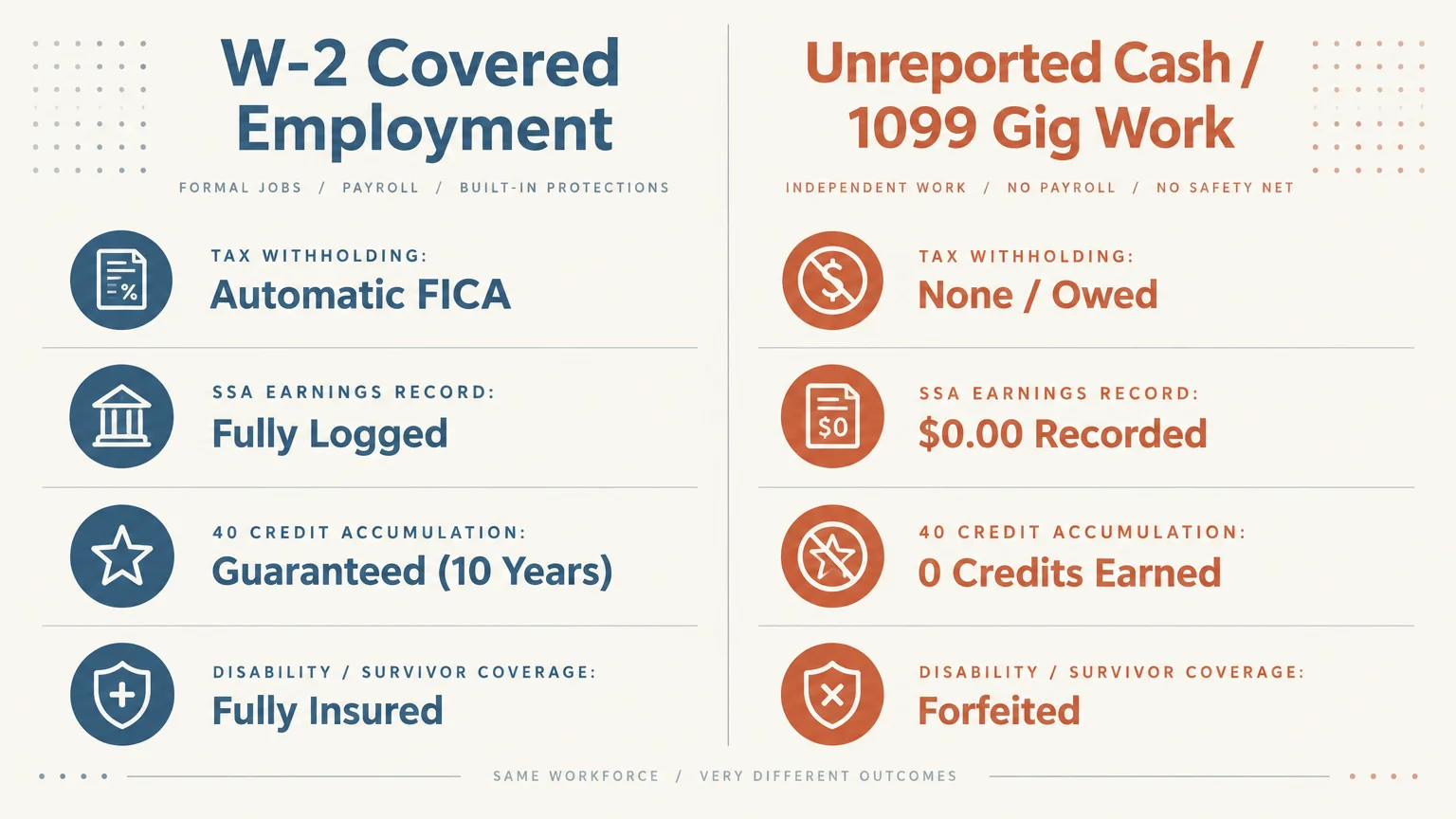 Side-by-side comparison chart showing benefits of W-2 covered employment versus forfeited benefits of unreported gig work.