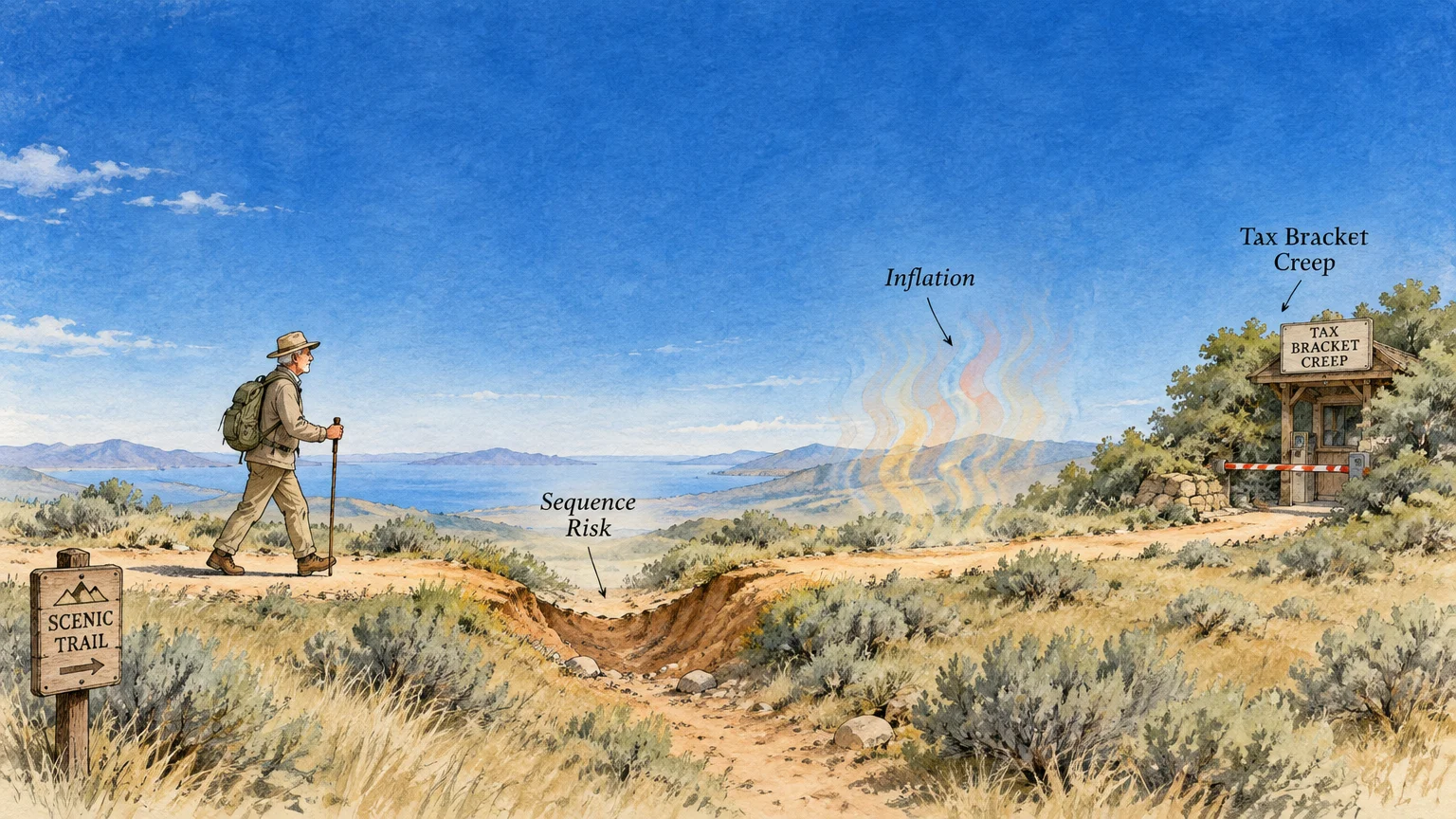 A hiker walking along a scenic trail toward hazards labeled Sequence Risk, Inflation, and a Tax Bracket Creep toll booth.