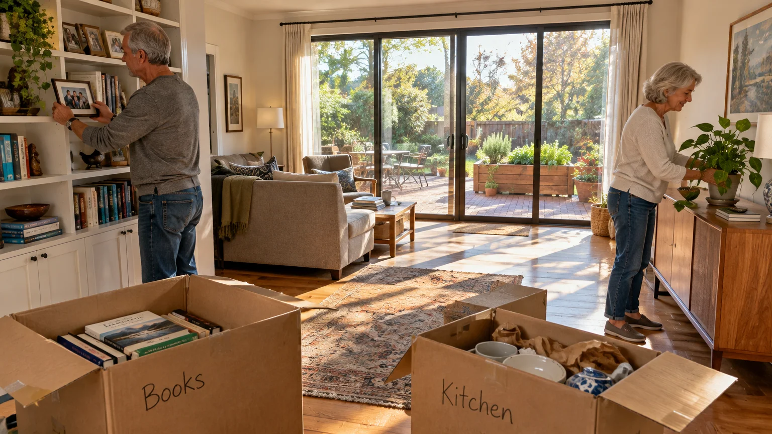 Senior couple packing moving boxes labeled Books and Kitchen in a sunlit living room with patio doors.