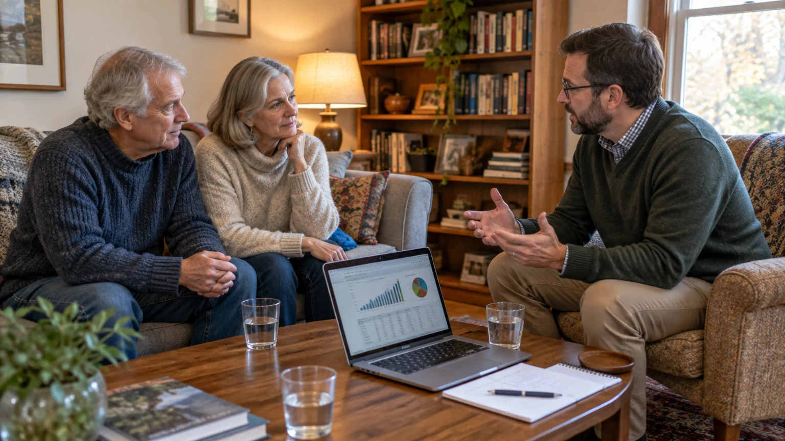 A financial advisor with a laptop talks to a senior couple sitting on a living room sofa.