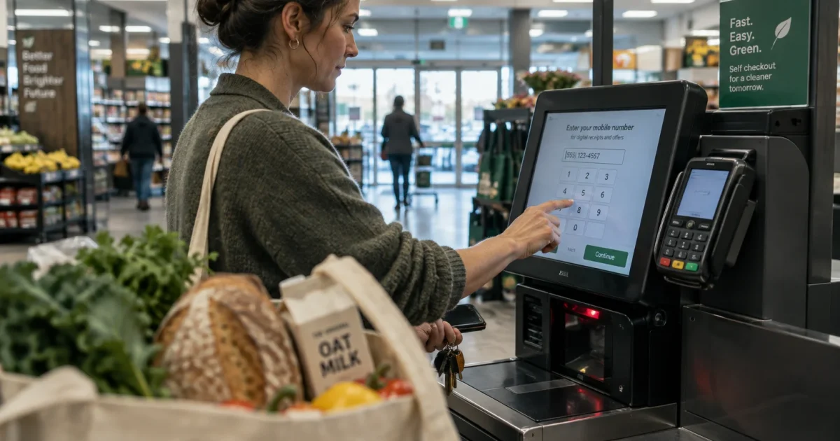 A woman enters her mobile number on a grocery store self-checkout touch screen while holding a bag of groceries.