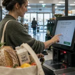 A woman enters her mobile number on a grocery store self-checkout touch screen while holding a bag of groceries.