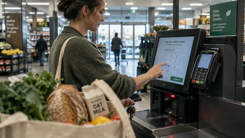 A woman enters her mobile number on a grocery store self-checkout touch screen while holding a bag of groceries.