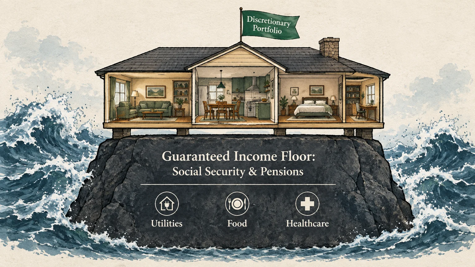 Cutaway illustration of a house resting on a sturdy rock marked guaranteed income floor amidst rough ocean waves.