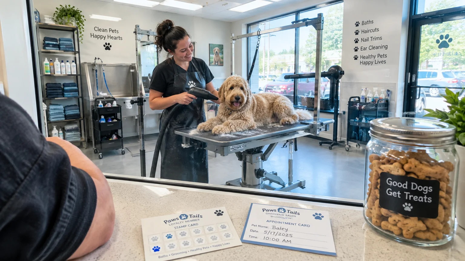 A groomer blow-dries a goldendoodle on a grooming table, viewed from a front desk displaying loyalty cards and dog treats.