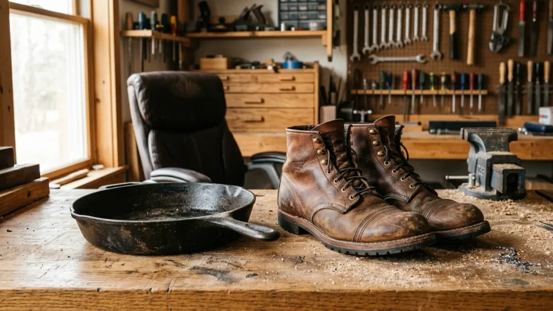 A cast-iron skillet and worn leather work boots rest on a wooden workbench in a workshop with tools hung in the background.