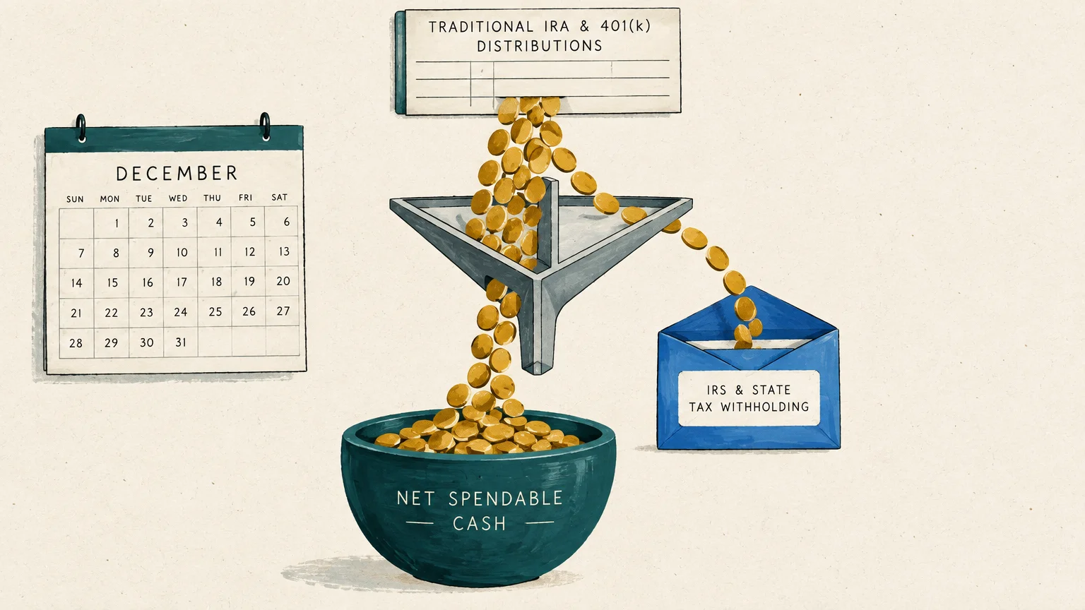Coins pour through a dividing funnel into a net spendable cash bowl and an envelope for tax withholding.