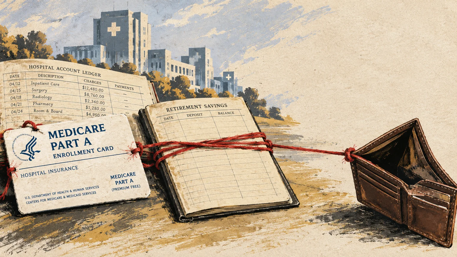 Illustration of a Medicare Part A card and retirement ledger tied with red string to an empty wallet near a hospital.