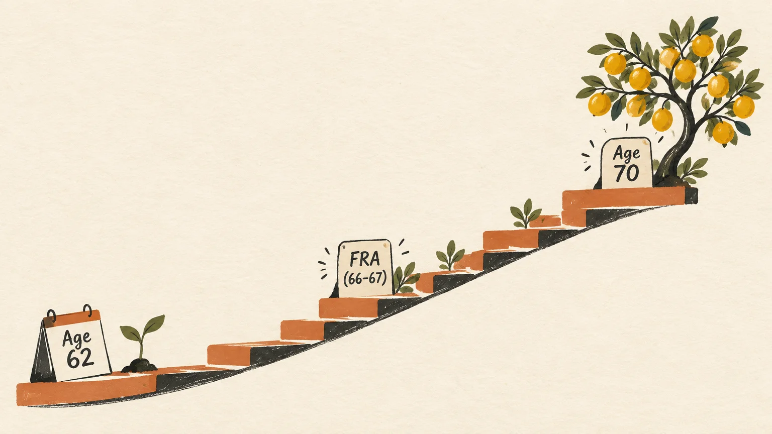 Stairs ascending from a small sprout labeled Age 62, past FRA (66-67), to a fruit-bearing tree labeled Age 70.