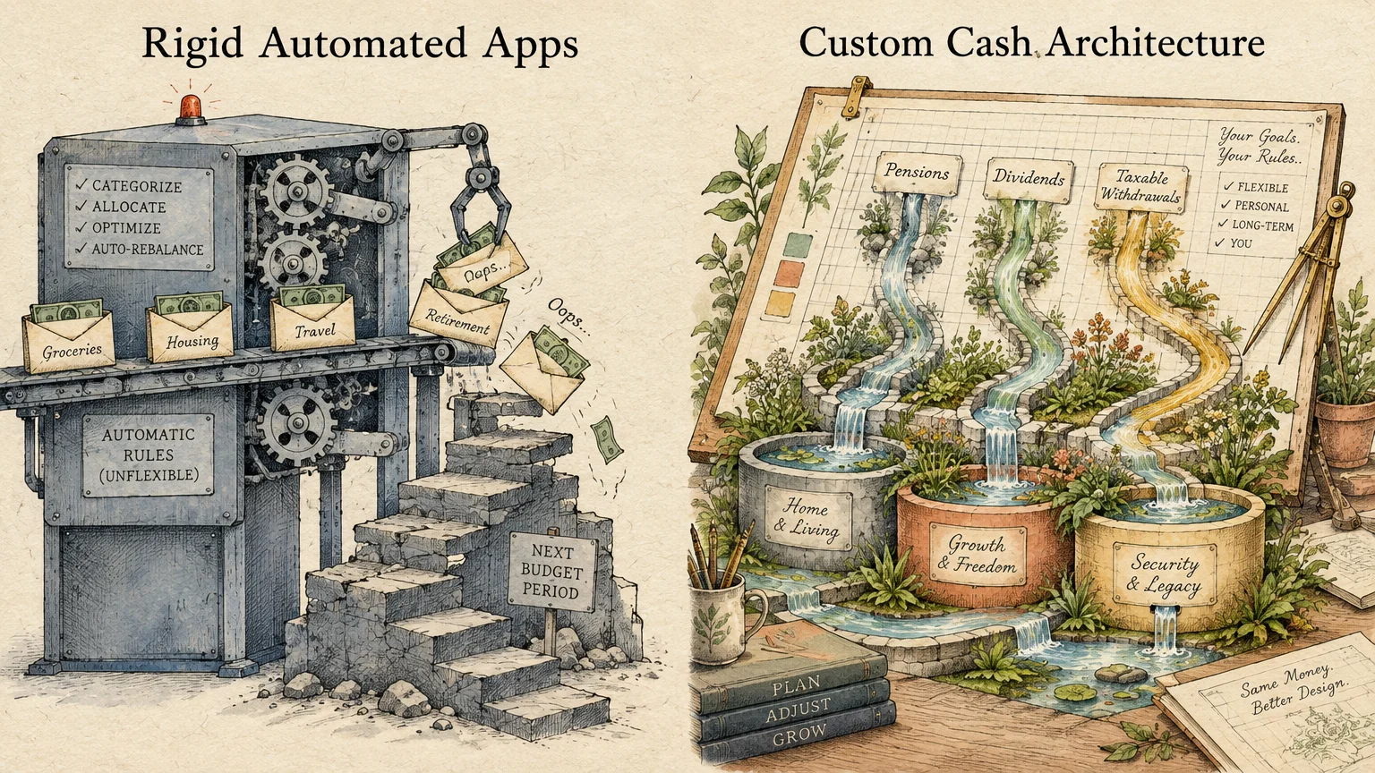Illustration comparing a rigid mechanical budgeting machine with a custom garden-themed cash flow architecture diagram.